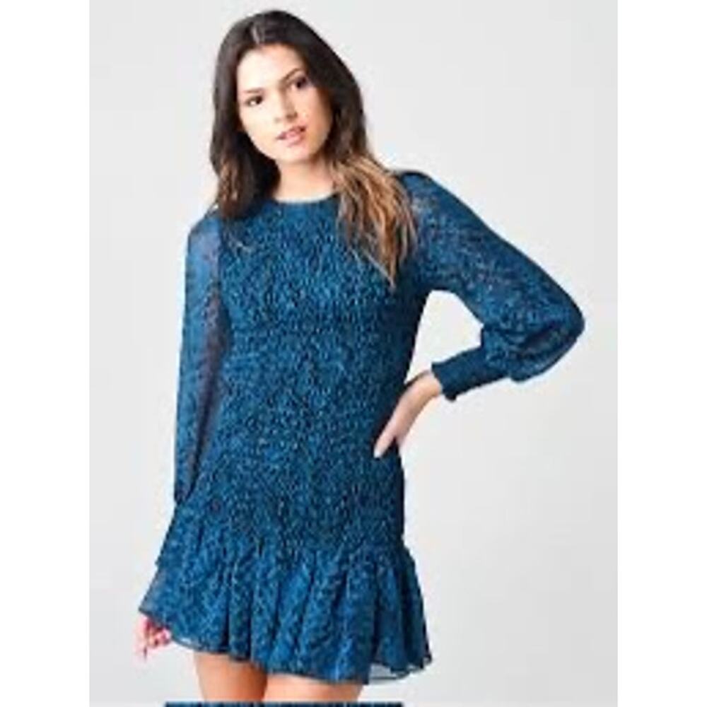 MISA Los Angeles Roisin Smocked Mini Dress Teal Snake XS